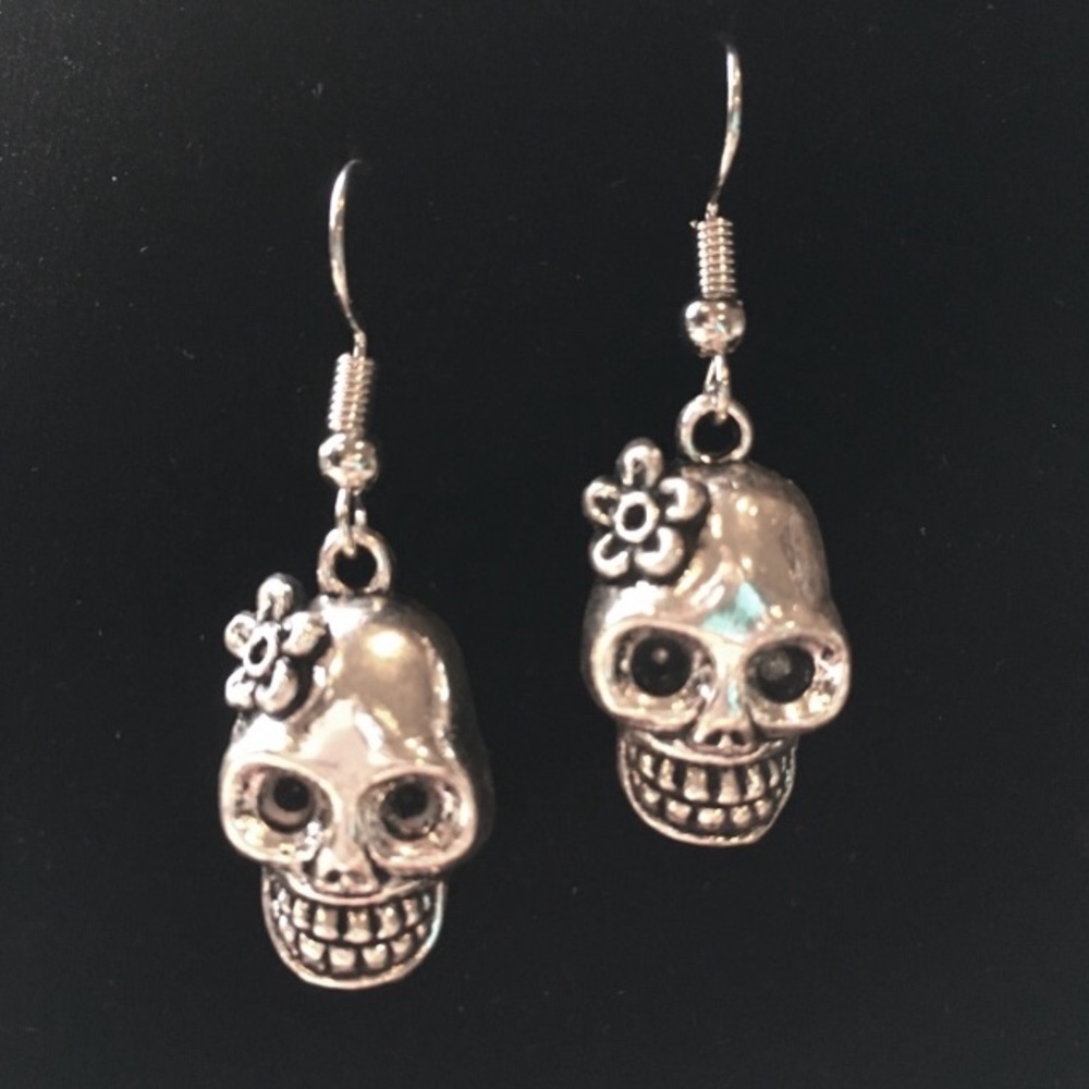 Silver Dangle Earrings Sugar Skull, Day of the Dead, Boho Goth Punk Vibes